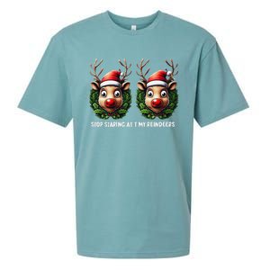 Funny Stop Staring At My Reindeers Boobs Ugly Gag Xmas Sueded Cloud Jersey T-Shirt