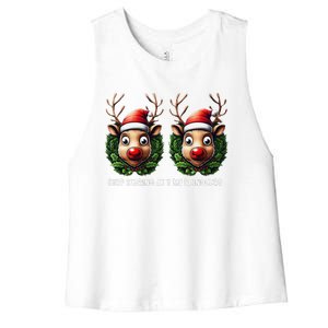 Funny Stop Staring At My Reindeers Boobs Ugly Gag Xmas Women's Racerback Cropped Tank