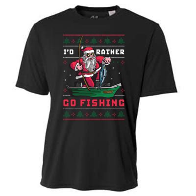 Funny Santa Surf ID Rather Go Fishing Merry Christmas Cooling Performance Crew T-Shirt