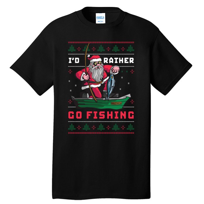 Funny Santa Surf ID Rather Go Fishing Merry Christmas Tall T-Shirt