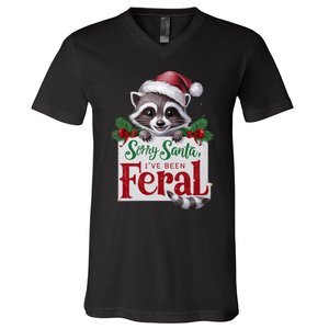 Funny Sorry Santa IVe Been Feral Raccoon Christmas V-Neck T-Shirt