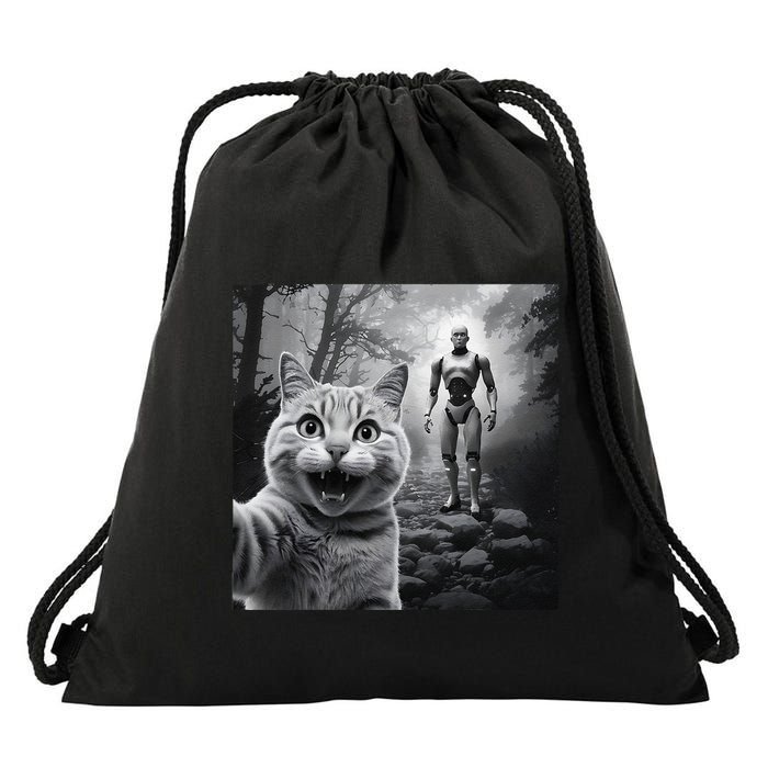 Funny Surprised Scared Cat Selfie With Robot Drawstring Bag