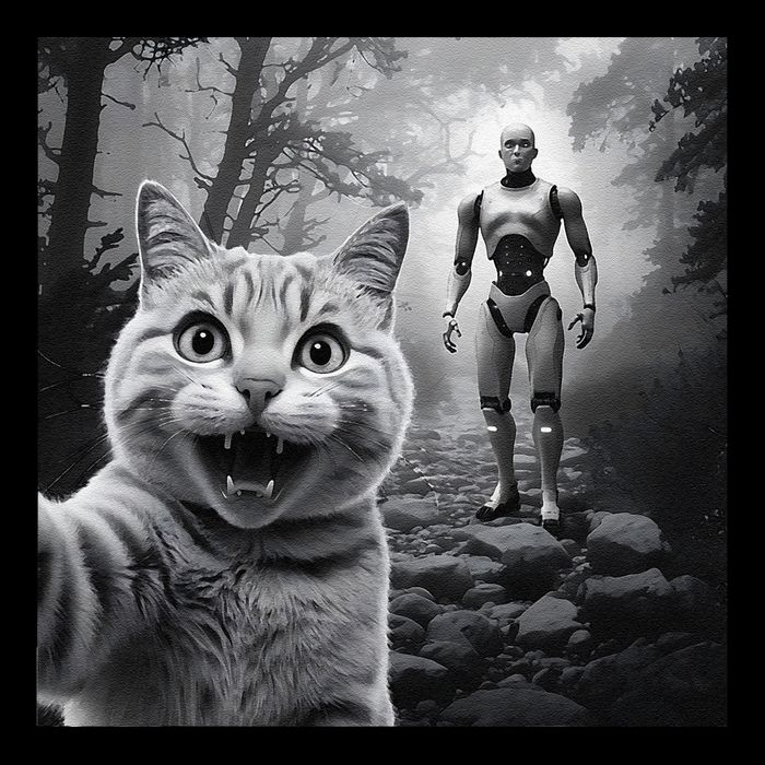 Funny Surprised Scared Cat Selfie With Robot Drawstring Bag