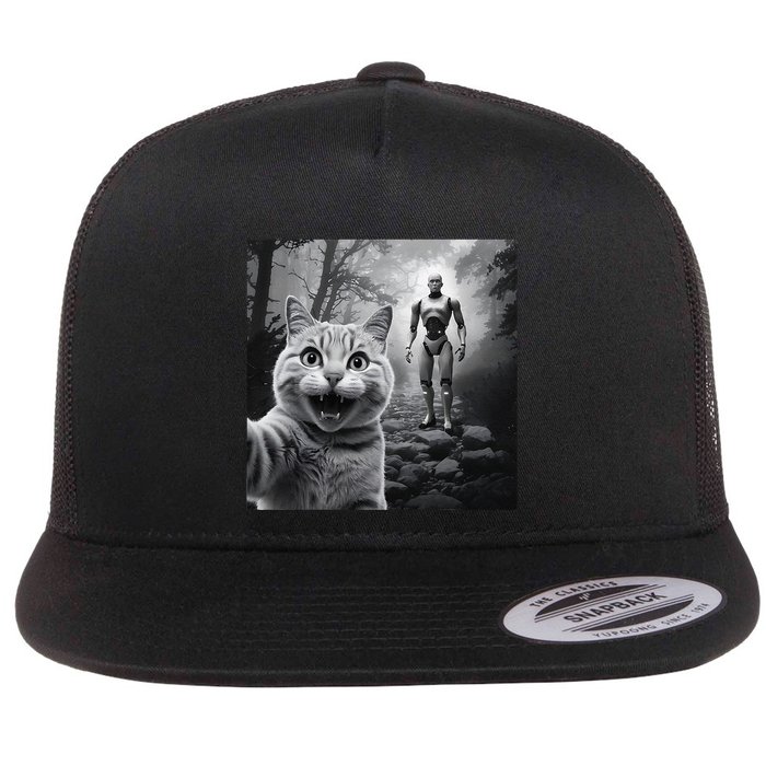 Funny Surprised Scared Cat Selfie With Robot Flat Bill Trucker Hat