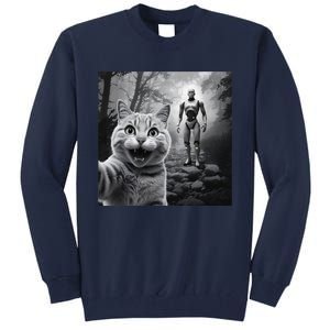 Funny Surprised Scared Cat Selfie With Robot Tall Sweatshirt