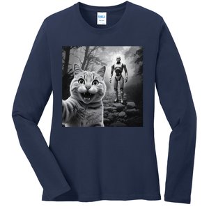 Funny Surprised Scared Cat Selfie With Robot Ladies Long Sleeve Shirt