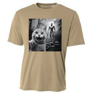 Funny Surprised Scared Cat Selfie With Robot Cooling Performance Crew T-Shirt