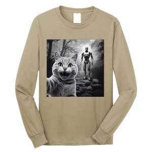 Funny Surprised Scared Cat Selfie With Robot Long Sleeve Shirt