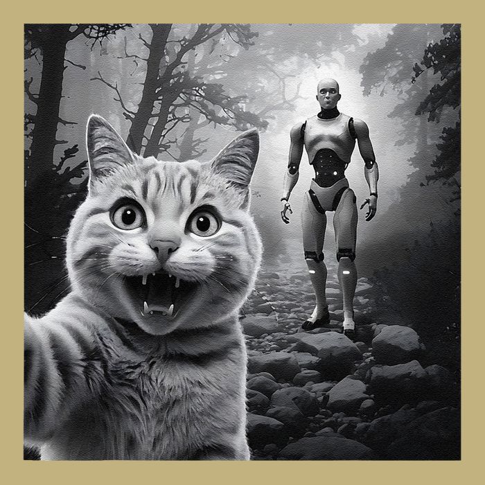 Funny Surprised Scared Cat Selfie With Robot Button