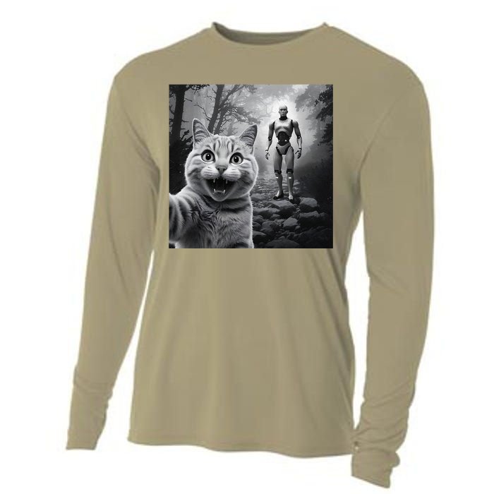 Funny Surprised Scared Cat Selfie With Robot Cooling Performance Long Sleeve Crew