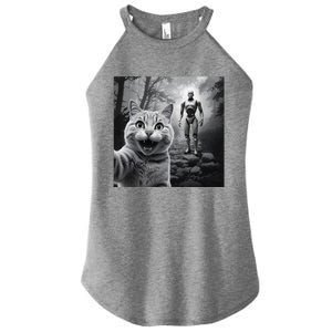 Funny Surprised Scared Cat Selfie With Robot Women's Perfect Tri Rocker Tank