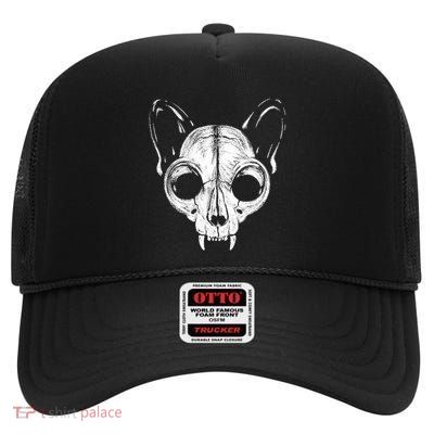 Funny Scary Spooky Cat Feline Skull Skeleton Halloween Art High Crown Mesh Back Trucker Hat