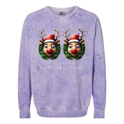 Funny Stop Staring At My Reindeers Boobs Ugly Gag Xmas Colorblast Crewneck Sweatshirt