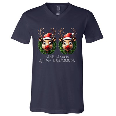 Funny Stop Staring At My Reindeers Boobs Ugly Gag Xmas V-Neck T-Shirt