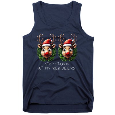 Funny Stop Staring At My Reindeers Boobs Ugly Gag Xmas Tank Top