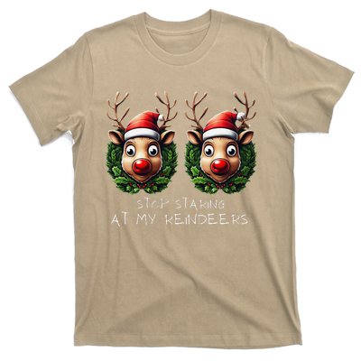 Funny Stop Staring At My Reindeers Boobs Ugly Gag Xmas T-Shirt