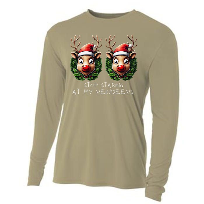 Funny Stop Staring At My Reindeers Boobs Ugly Gag Xmas Cooling Performance Long Sleeve Crew