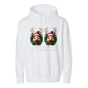 Funny Stop Staring At My Reindeers Boobs Ugly Gag Xmas Garment-Dyed Fleece Hoodie