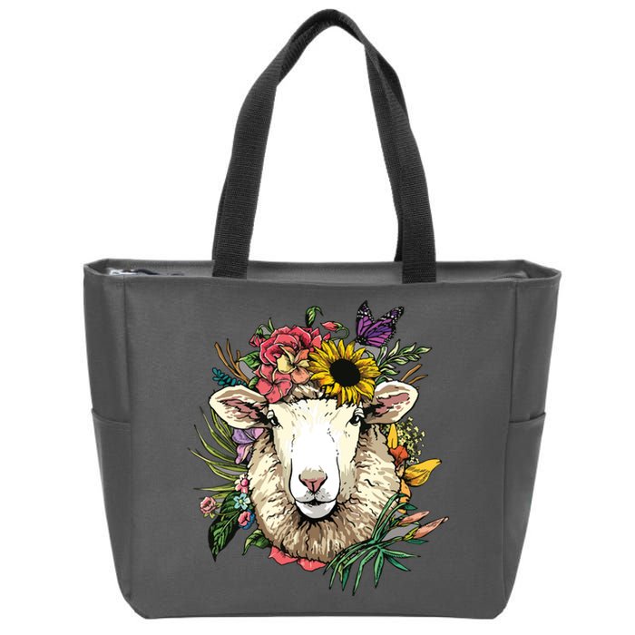 Floral Sheepp Spring Nature Farm Sheepp Lovers Zip Tote Bag