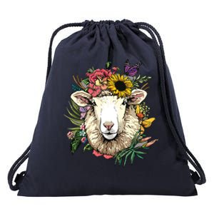 Floral Sheepp Spring Nature Farm Sheepp Lovers Drawstring Bag