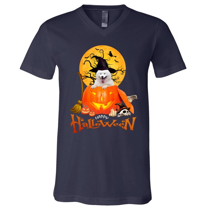 Funny Samoyed Spooky Halloween V-Neck T-Shirt