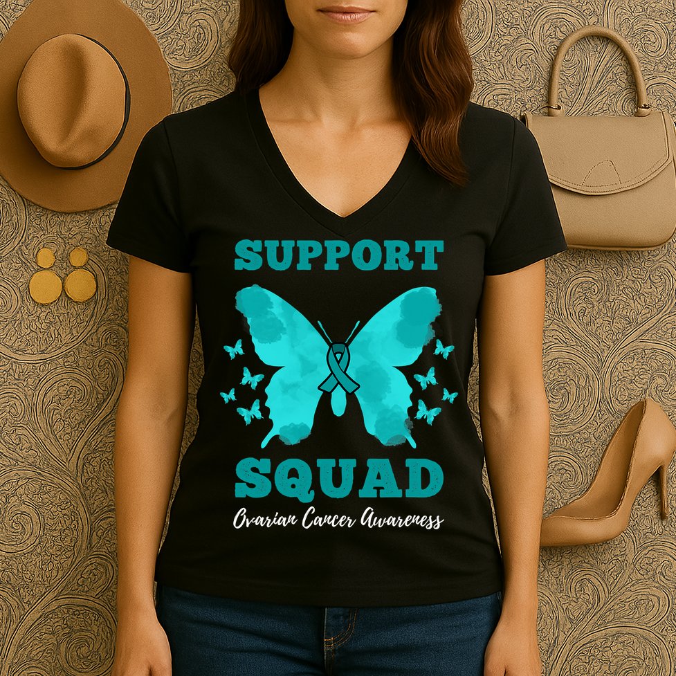 Funny Support Squad Ovarian Cancer Awareness Women's V-Neck T-Shirt