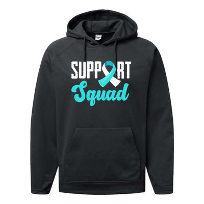 Funny Support Squad Teal White Ribbon Cervical Cancer Awareness Performance Fleece Hoodie