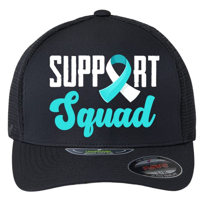 Funny Support Squad Teal White Ribbon Cervical Cancer Awareness Flexfit Unipanel Trucker Cap