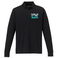 Funny Support Squad Teal White Ribbon Cervical Cancer Awareness Performance Long Sleeve Polo