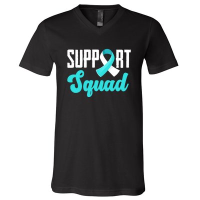 Funny Support Squad Teal White Ribbon Cervical Cancer Awareness V-Neck T-Shirt