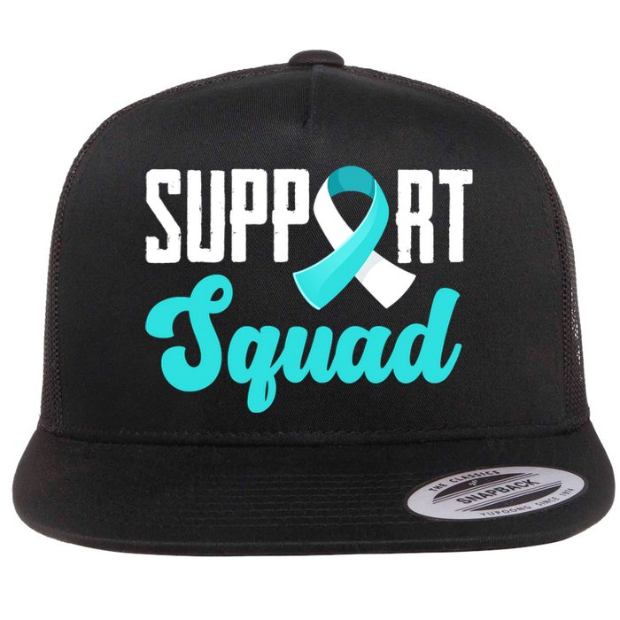 Funny Support Squad Teal White Ribbon Cervical Cancer Awareness Flat Bill Trucker Hat