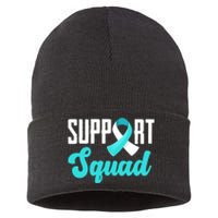 Funny Support Squad Teal White Ribbon Cervical Cancer Awareness Sustainable Knit Beanie