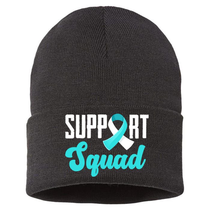 Funny Support Squad Teal White Ribbon Cervical Cancer Awareness Sustainable Knit Beanie