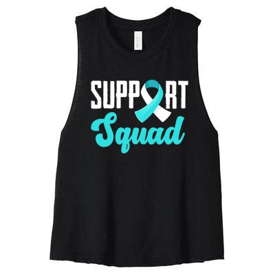 Funny Support Squad Teal White Ribbon Cervical Cancer Awareness Women's Racerback Cropped Tank