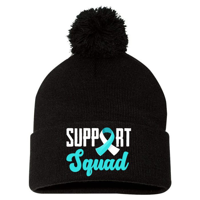 Funny Support Squad Teal White Ribbon Cervical Cancer Awareness Pom Pom 12in Knit Beanie