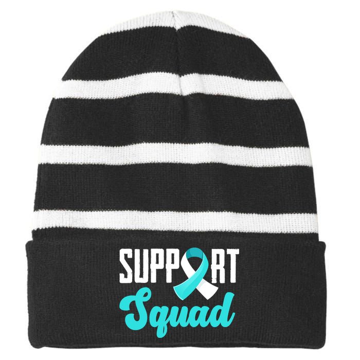 Funny Support Squad Teal White Ribbon Cervical Cancer Awareness Striped Beanie with Solid Band