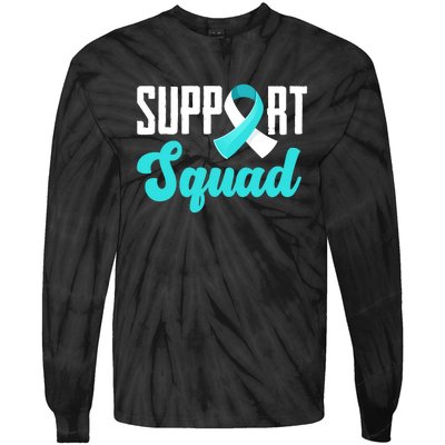 Funny Support Squad Teal White Ribbon Cervical Cancer Awareness Tie-Dye Long Sleeve Shirt