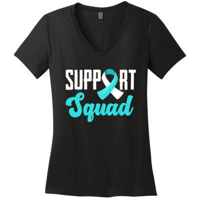 Funny Support Squad Teal White Ribbon Cervical Cancer Awareness Women's V-Neck T-Shirt