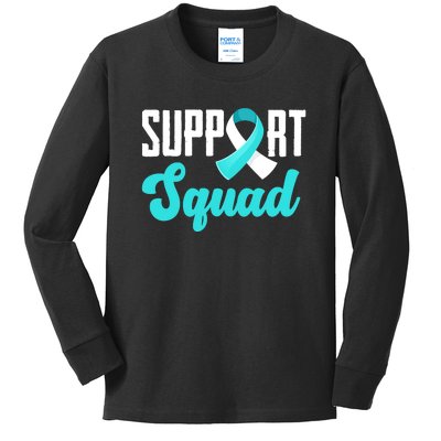 Funny Support Squad Teal White Ribbon Cervical Cancer Awareness Kids Long Sleeve Shirt