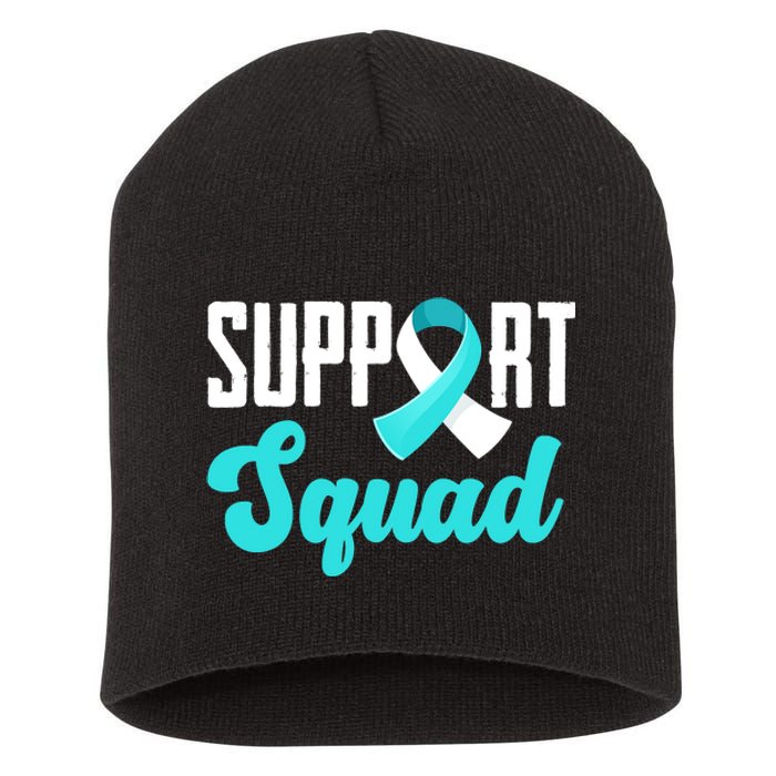 Funny Support Squad Teal White Ribbon Cervical Cancer Awareness Short Acrylic Beanie