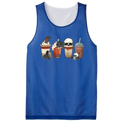 Funny Skull Skeleton Latte Coffee Cup Halloween Costume Day Gift Mesh Reversible Basketball Jersey Tank