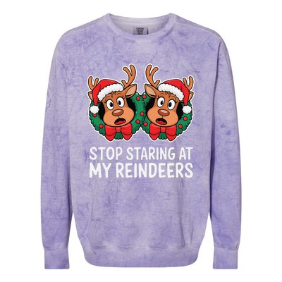 Funny Stop Staring At My Reindeers Boobs Ugly Gag Xmas Colorblast Crewneck Sweatshirt