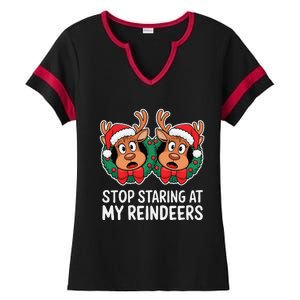 Funny Stop Staring At My Reindeers Boobs Ugly Gag Xmas Ladies Halftime Notch Neck Tee