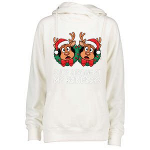 Funny Stop Staring At My Reindeers Boobs Ugly Gag Xmas Womens Funnel Neck Pullover Hood