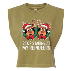 Funny Stop Staring At My Reindeers Boobs Ugly Gag Xmas Garment-Dyed Women's Muscle Tee