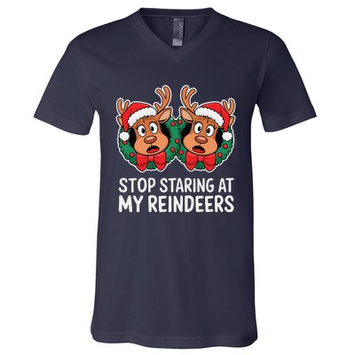 Funny Stop Staring At My Reindeers Boobs Ugly Gag Xmas V-Neck T-Shirt