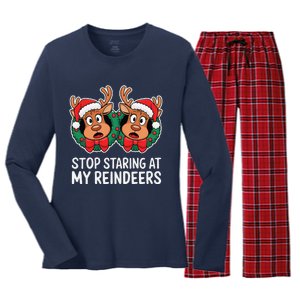 Funny Stop Staring At My Reindeers Boobs Ugly Gag Xmas Women's Long Sleeve Flannel Pajama Set 