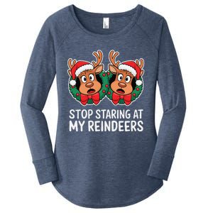 Funny Stop Staring At My Reindeers Boobs Ugly Gag Xmas Women's Perfect Tri Tunic Long Sleeve Shirt