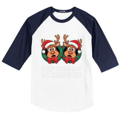 Funny Stop Staring At My Reindeers Boobs Ugly Gag Xmas Baseball Sleeve Shirt