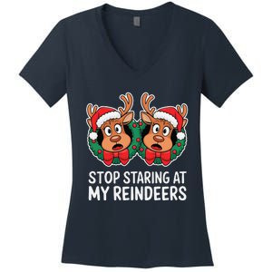 Funny Stop Staring At My Reindeers Boobs Ugly Gag Xmas Women's V-Neck T-Shirt